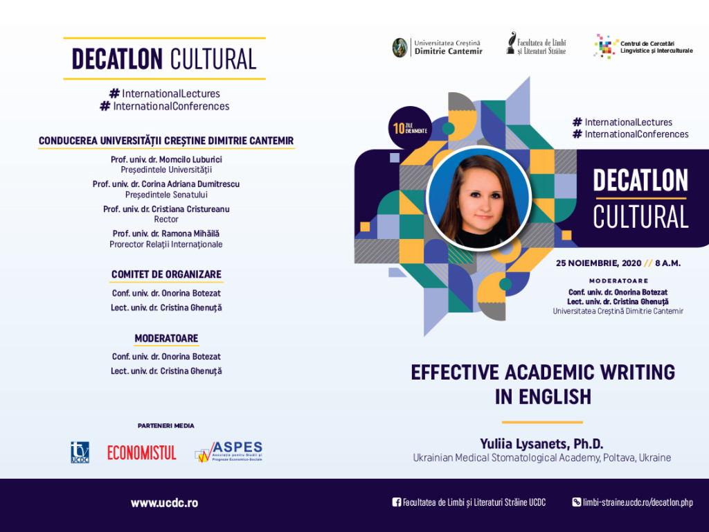 Онлайн лекція на тему “Effective Academic Writing in English” для студентів і викладачів Бухарестського університету ім. Димитрія Кантеміра (Румунія)